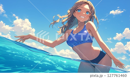 海を背景に金髪女性 127761460