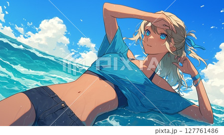 海を背景に金髪女性 127761486
