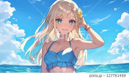 海を背景に金髪女性 127761489