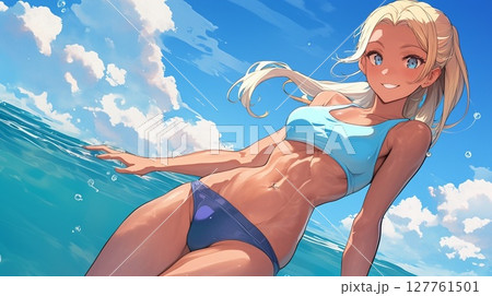 海を背景に金髪女性 127761501
