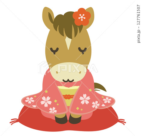 和服を着たかわいい馬の女の子のイラスト、午年の年賀状素材 127761507