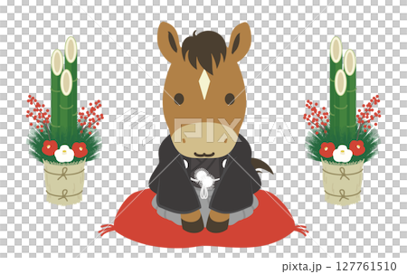 門松と和服を着たかわいい馬のイラスト、午年の年賀状素材 127761510