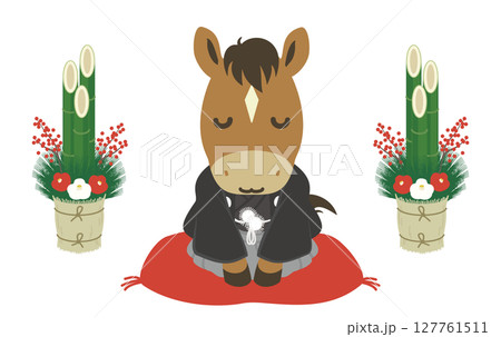 門松と和服を着たかわいい馬のイラスト、午年の年賀状素材 127761511