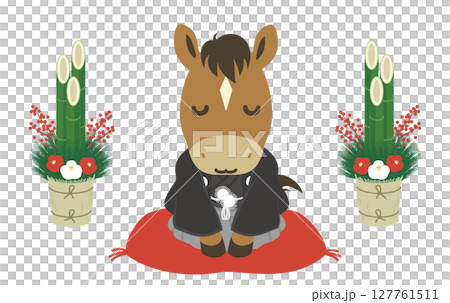 門松と和服を着たかわいい馬のイラスト、午年の年賀状素材 127761511