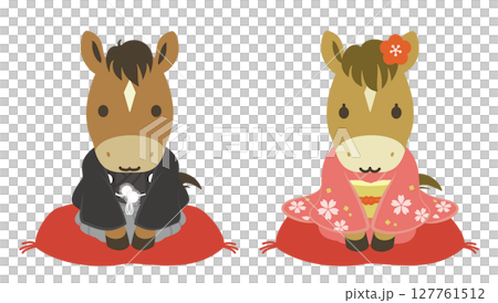 和服を着たかわいい馬の夫婦のイラスト、午年の年賀状素材 127761512