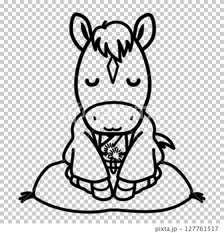和服を着たかわいい馬のイラスト、午年の年賀状素材(モノクロ線画) 和服を着たかわいい馬のイラスト、午年の年賀状素材(モノクロ線画) 127761517