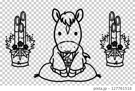 Illustration of a cute horse wearing a kimono and a New Year's pine decoration, material for a New Year's card for the Year of the Horse (monochrome line drawing) Illustration of a cute horse wearing a kimono and a New Year's pine decoration, material for a New Year's card for the Year of the Horse (monochrome line drawing) 127761518