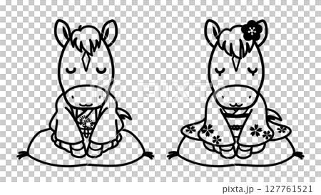 身穿日式服裝的可愛馬夫婦的插圖，馬年新年賀卡材料（單色線條畫） 127761521