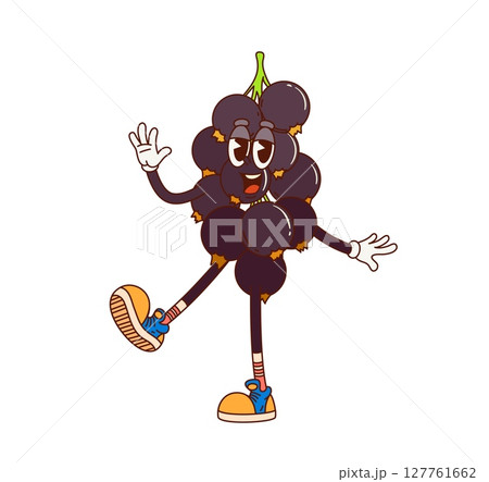 Cartoon groovy black currant berry fruit character with funny face, vector comic emoji. Groovy blackcurrant berry with happy smile or trippy expression and Hello gesture for cartoon fruit character 127761662