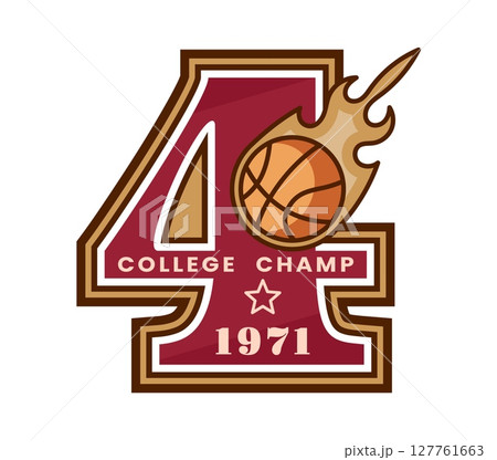 Varsity sport patch with number font and basketball ball for university team, vector emblem. College league and varsity sport patch with number 4 Four for basketball players club or championship 127761663