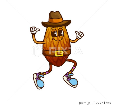 Cartoon groovy almond nut sheriff or cowboy ranger and bandit, vector character. Funny groovy almond in cowboy hat as Wild West sheriff or Western ranger and nut bandit character with thumb up gesture 127761665