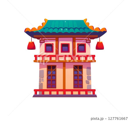 Cartoon Asian building of Chinatown house or temple pagoda, vector architecture. Asian building of shrine tower or oriental palace, Chinese or Japanese and Korean traditional architecture house 127761667