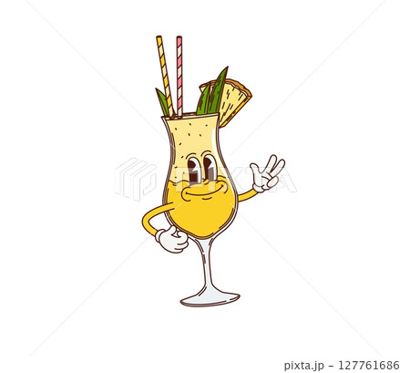 Cartoon retro groovy pina colada cocktail character. Alcohol drink, summer cold beverage vector 60s funny personage. Party tropical cocktail glass with pineapple and paper straw retro groovy character 127761686