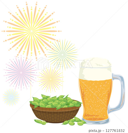 花火とビールと枝豆のベクターイラストテンプレート 127761832