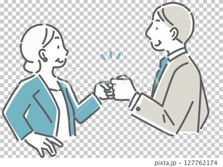 協力してプロジェクトに取り組む40代、50代のビジネスパーソン シンプルでお洒落な線画イラスト 協力してプロジェクトに取り組む40代、50代のビジネスパーソン シンプルでお洒落な線画イラスト 127762174