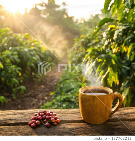 A steaming cup of coffee placed on a rustic wooden surface in the middle of a coffee plantation 127762212