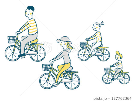 サイクリングをする4人家族の手描きイラスト 127762364