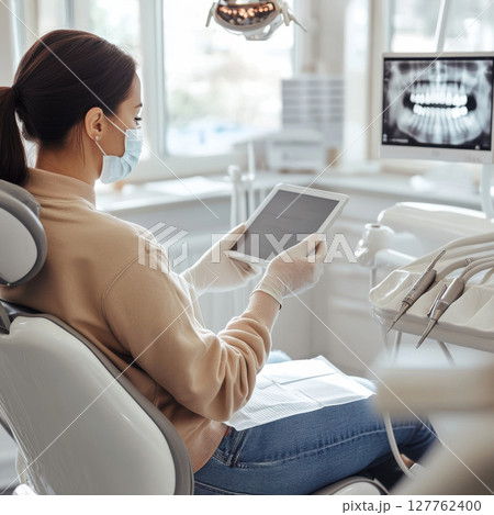 a woman examines a picture of her teeth and waits for the dentist at the clinic 127762400