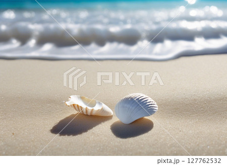 夏の白い砂浜と青い海と白い貝殻 127762532