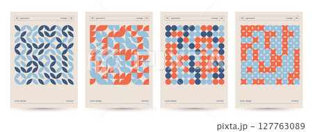 Abstract covers set with Bauhaus geometric pattern square backgrounds, vector circle, triangle and square flat art design. Blue and red Bauhaus Swiss pattern , posters minimal collection. Vector Abstract covers set with Bauhaus geometric pattern square backgrounds, vector circle, triangle and square flat art design. Blue and red Bauhaus Swiss pattern , posters minimal collection. Vector 127763089