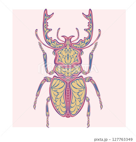 Stylized decorative illustration of a beetle with intricate Art Nouveau patterns inspired by nature. 127763349