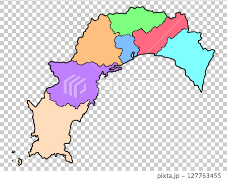 A slightly loose map of Kochi Prefecture, color-coded by region, Shikoku 127763455