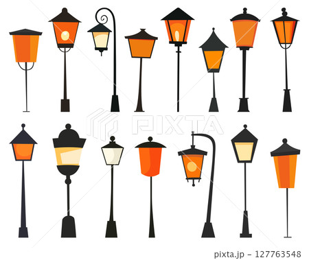 Vector Graphic Assortment: Street Lamp Styles, Urban Lighting, City Ambiance 127763548