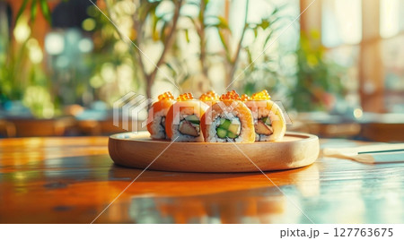 Sushi rolls with salmon and caviar on a wooden board. 127763675