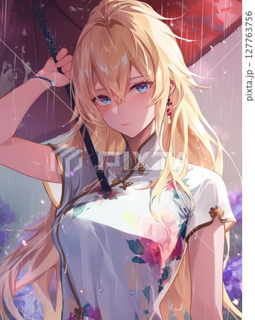 雨の日にチャイナドレスを着た女性 127763756
