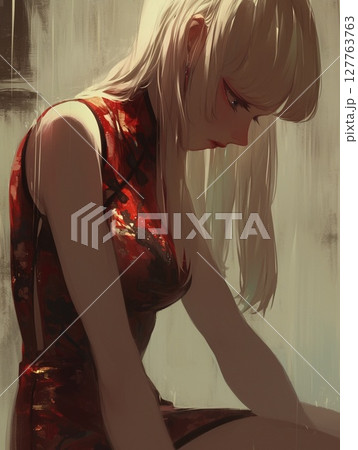 雨の日にチャイナドレスを着た女性 127763763
