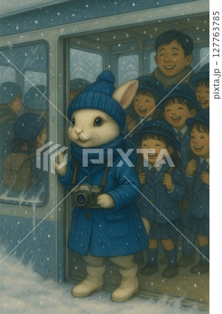 雪降る日にウサギカメラマンと小学生たち Generative AIGenerative AI 127763785