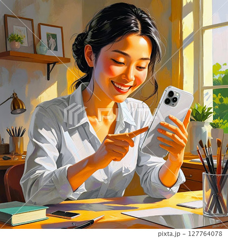 スマホ修理をするためにスマホを開けている女性 スマホ修理をするためにスマホを開けている女性 127764078