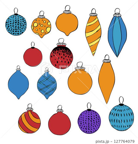 Christmas balls icons isolated set. Vector graphic line ink illustration. Christmas balls set, ink doodles, Christmas baubles or holiday toys, engraving illustration. Design for package, cosmetic. 127764079