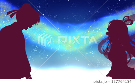 向かい合う織姫と彦星イメージ 星空 天の川 余白 シルエット 向かい合う織姫と彦星イメージ 星空 天の川 余白 シルエット 127764154