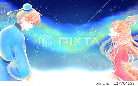 向かい合う織姫と彦星イメージ 星空 天の川 余白 向かい合う織姫と彦星イメージ 星空 天の川 余白 127764158