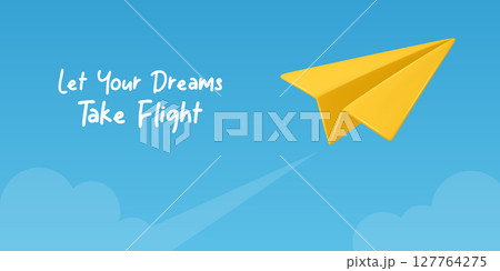 Realistic Yellow Paper Airplane Flying in Blue Sky Background. Conceptual Flight Illustration. Vector Artwork. Creative Aviation Design. Sky Scene with Paper Plane. Vector Illustration 127764275