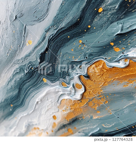 Abstract Wavy Composition with Golden Strokes on Dark Blue Background. Generative AI 127764328