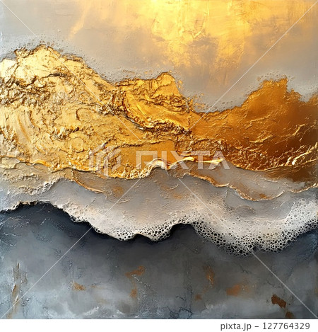 Modern abstract composition with deep texture combining bright golden strokes, silver-gray waves, and detailed foam. Generative AI 127764329
