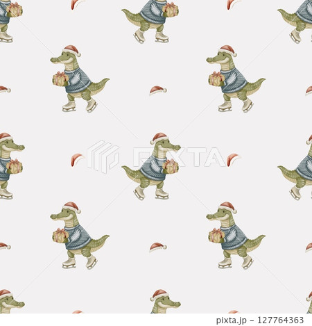 Playful crocodile skating in a festive sweater pattern design for textile and wallpaper 127764363