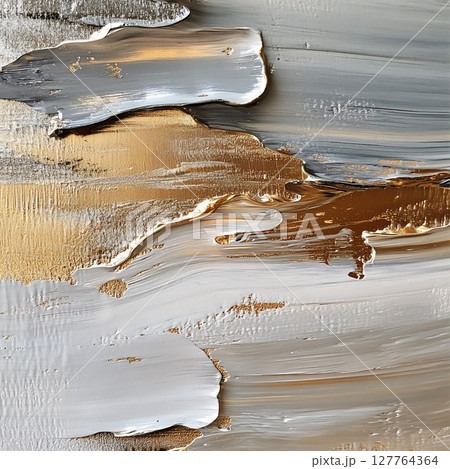 Abstract painting with impasto texture in gray, gold, and white tones, featuring glossy strokes and depth. Generative AI 127764364