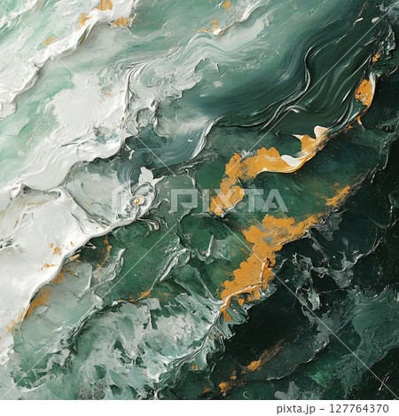 Abstract canvas with deep green, white, and golden strokes. Dynamic texture evokes a sense of movement and natural energy. Generative AI 127764370