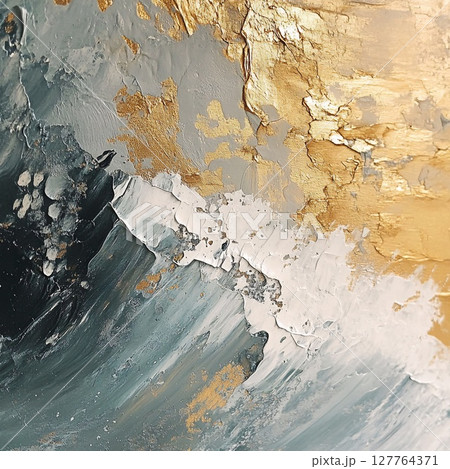 Abstract painting with gold, grey, black, and white accents. Textured composition with cracked and wave-like effects creates a sense of energy and depth. Generative AI 127764371