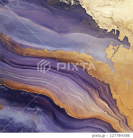 Artistic abstract painting featuring smooth purple layers with vivid gold lines, evoking marble or geological waves. Generative AI 127764386