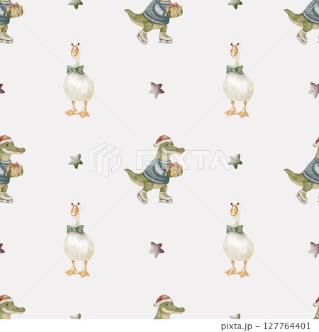 Winter watercolor pattern with animals in festive attire for textile and print design 127764401