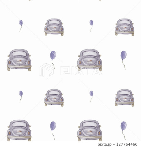 Vintage cars and balloons in a colorful watercolor pattern for packaging and fabric design Vintage cars and balloons in a colorful watercolor pattern for packaging and fabric design 127764460