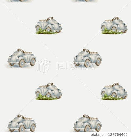 Vintage toy car watercolor pattern for textile and packaging design with seamless repeat 127764463