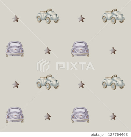 Colorful watercolor pattern featuring vintage cars and stars for fabric and textile applications 127764468