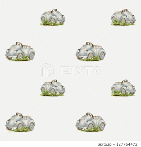 Vintage cars in a colorful watercolor pattern on a white background for textile design 127764472