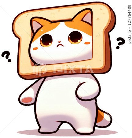 A cat with toast on its head looking confused, Japanese meme-style cartoon 127764489