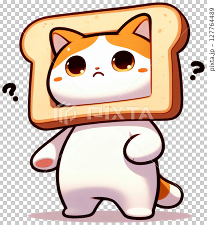 A cat with toast on its head looking confused, Japanese meme-style cartoon 127764489